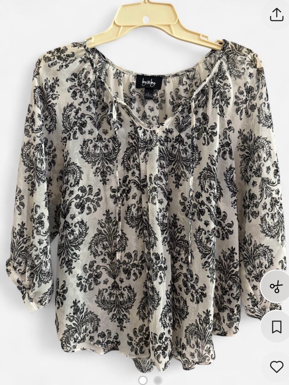 by & by Off white Blouse with Black Damask Print and Tie Front